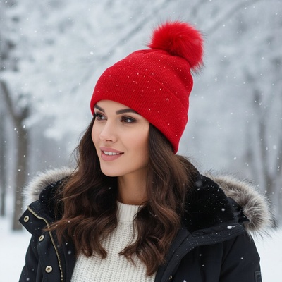 Дамска зимна шапка в червен цвят с безброй камъчета и помпон
