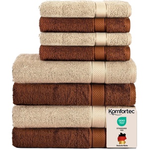 Komfortec set of 8 towels, 4 bath towels 70x140 cm & 4 hand towels 50x100 cm, 100% cotton terry cloth, fluffy and absorbent, brown/beige - 4er-50x100-und-4er-70x140-braun-beige (4er-50x100-und-4er-70x140-braun-