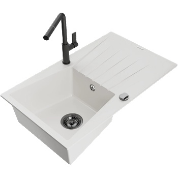 Mexen Cesar гранитна мивка с 1 отделение с отцедник и кухненски смесител Flora, бял - 6514-20-670401-70-B (6514-20-670401-70-B)