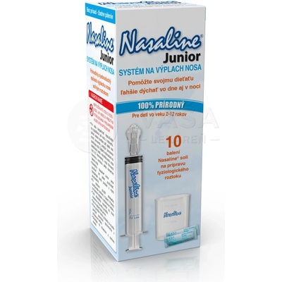 Nasaline Junior Systém na výplach nosa pre deti nosný aplikátor striekačka + 10 balení Nasaline soli na prípravu fyziologického roztoku + 240 ml odmerka