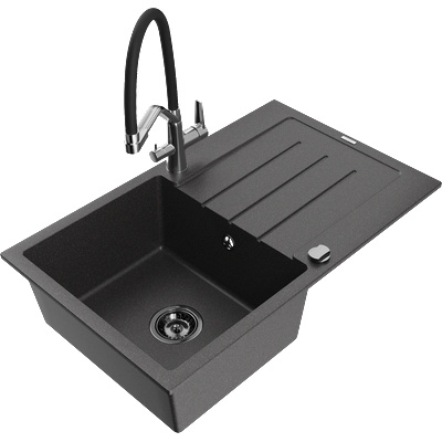 Mexen Bruno еднокоморна гранитна мивка с капковник и кухненски смесител Duo, черно петнисто - 6513-76-671701-07-B (6513-76-671701-07-B)