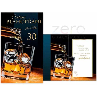 Přání s textem narozeninové 30 + obálka - whisky