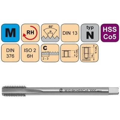 NÁSTROJE CZ závitník strojní M14*2 HSSCo5 E ISO2 DIN 376 C, CZZ3000-M14-ISO2