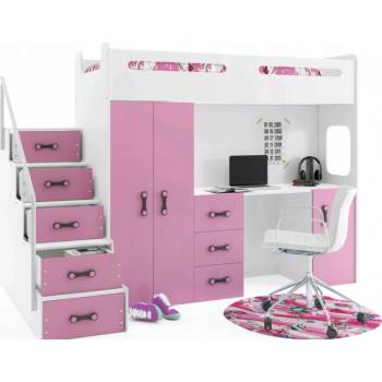 Interbeds MAX 4 poschodová komplet + matrac + písací stôl + šatník ružovo biela