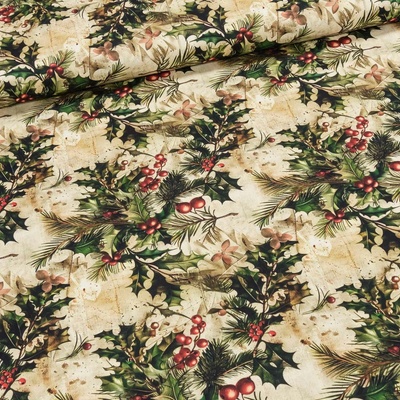 Směsové plátno vánoční 513032 5803 DIGITÁLNÍ TISK, mahonka na béžové, zelená, š.140cm (látka v metráži)