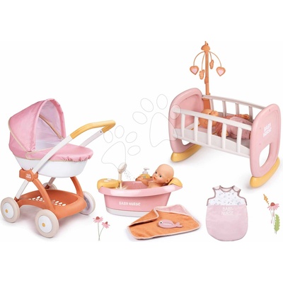 Smoby Set vanička s funkčnou sprchou a hlboký kočík Balneo Bath Soft Baby Nurse a kolíska s nočným úborom