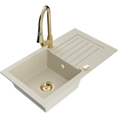 Mexen Pablo гранитна кухненска мивка 1-корпус с отцедник и кухненски смесител Elia, бежов - 6510-69-670101-50 (6510-69-670101-50)