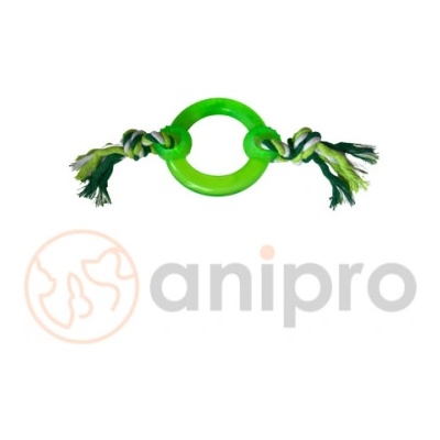 Anipro Play - Въжена играчка за кучета с PVC кръг и 2 възела, бяло/зелено 30 см, 115-125 гр