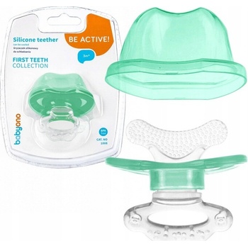 BabyOno hryzačka silikónova bez BPA v tvare cumlíka s krytom zelená