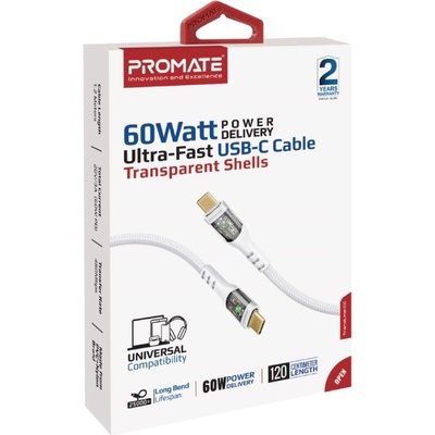 ProMate Кабел ProMate - TransLine-CC, USB-C/USB-C, 1.2 m, бял (6959144062983)