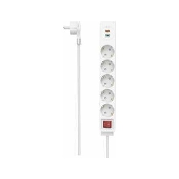 Hama Разклонител HAMA USB-C/USB-A 3.4A, 5 гнезда, 2x USB, PD/Quick charge, макс 18W, 1.4м, 3680W, бял