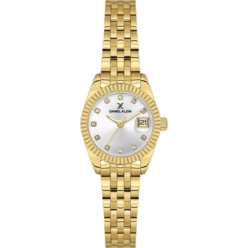 Daniel Klein DK. 1.14276-5 - дамски часовник, кварцов, 24 mm, сребрист, кристали, дата, златна верижка