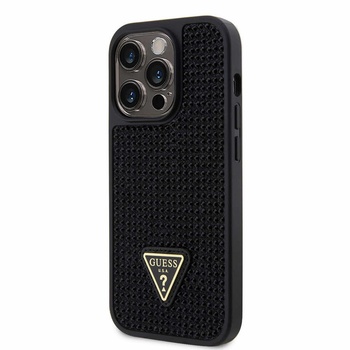 GUESS Rhinestones Triangle Metal Logo Case - силиконов (TPU) калъф за iPhone 14 Pro (черен)