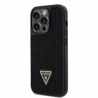 GUESS Rhinestones Triangle Metal Logo Case - силиконов (TPU) калъф за iPhone 14 Pro (черен)
