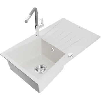 Mexen Cesar гранитна мивка с една камера с отцедник и кухненски смесител Flora, бял - 6514-20-670401-06 (6514-20-670401-06)