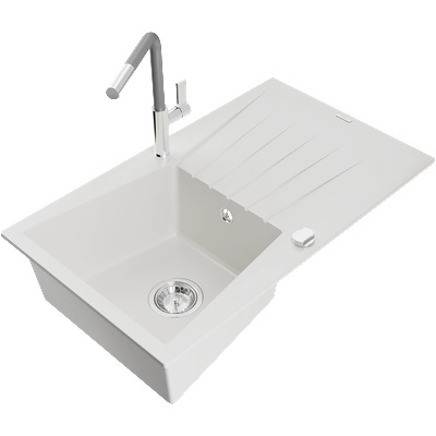 Mexen Cesar гранитна мивка с една камера с отцедник и кухненски смесител Flora, бял - 6514-20-670401-06 (6514-20-670401-06)