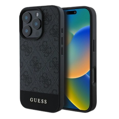 GUESS Защитен калъф Guess 4G Stripe за iPhone 16 Pro, сив