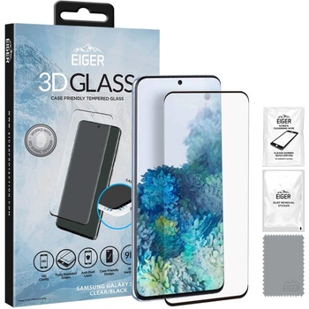 Eiger 3D Glass Case Friendly Tempered Glass - калено стъклено защитно покритие с извити ръбове за дисплея на Samsung Galaxy S20 Plus (черен-прозрачен)