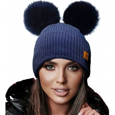 Fashionweek dámská zimní čepice se dvěma bambulkami WOOL2 Tmave modry