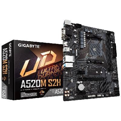 Дънна платка GIGABYTE GB A520M S2H AM4, Micro ATX, 2x DDR4 до 64GB, 4x SATA3 RAID, HDMI 2.1, DVI, VGA, 1x M. 2 PCIe 3.0, Realtek GbE LAN, 1x PCIe x16, 2x PCIe x1