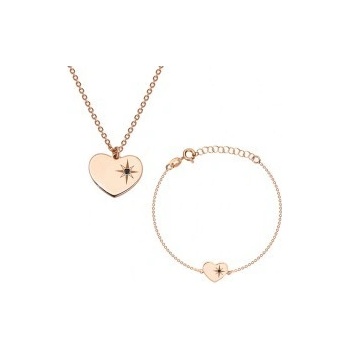 Šperky eshop strieborný set ružovozlatej farby náramok a náhrdelník srdce s Polárkou a diamantom S25.15