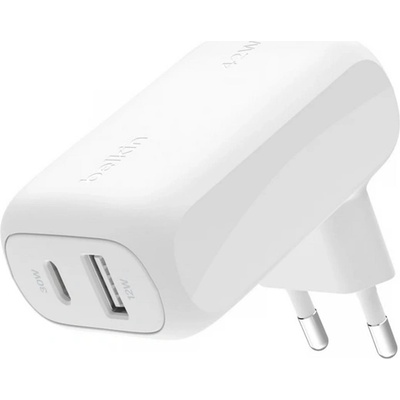 Belkin DUAL мрежово зарядно устройство с USB+Type-C изход, 42 W, PD 3.0 за бързо зареждане, БЯЛО WCB009VFWH (WCB009VFWH)