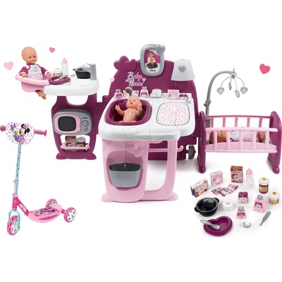 Smoby Set domček pre bábiku Violette Baby Nurse Large Doll's Play Center a kolobežka Disney Minnie trojkolesová