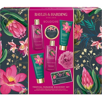 Baylis & Harding Boudoire sprchový krém 300 ml + pěna do koupele 300 ml + tělové mléko 130 ml + pečující mycí krém na tělo 130 ml + tuhé mýdlo 100 g + sůl do koupele 100 g + mycí houba