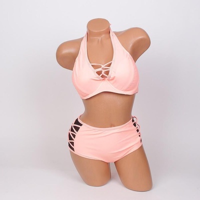 Дамски бански в коралово с тюл и преплетени ленти - d