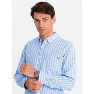 Ombre pánska košel'a s bílými pruhy s kapsou regular fit blue svetlomodrá