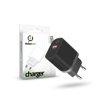 dreamtech Charger Black 20W QC3.0 Type C + USB-A мрежов адаптер за бързо зареждане (D122448)