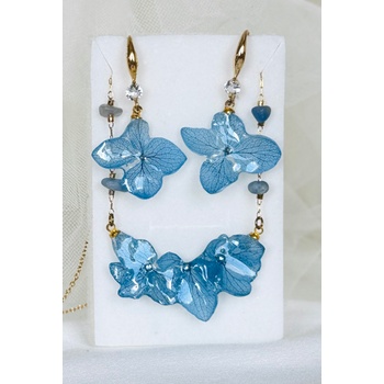 Meganflo Комплект бижута от сини хортензии със стомана, позлата и ахат
