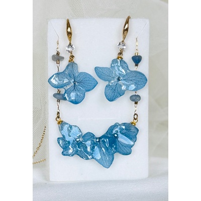 Meganflo Комплект бижута от сини хортензии със стомана, позлата и ахат