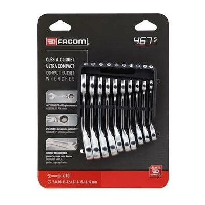 Facom Sada krátkých reverzibilních klíčů 8 až 14 mm s držákem 10 ks 467BS.JP10PB