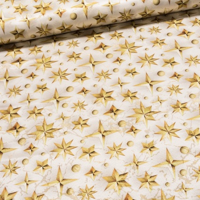 Polyesterové plátno vánoční J-GOLD 22379-1001 zlaté hvězdy a kuličky na smetanové , š.150cm (látka v metráži)