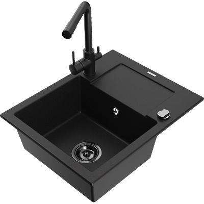 Mexen Enzo гранитна кухненска мивка с 1 корито с отцедник и кухненски смесител Duero, черен - 6506-77-671600-70-B (6506-77-671600-70-B)