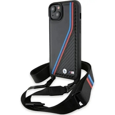BMW Кейс BMW M Edition Carbon Tricolor Lines & Strap за iPhone 15 Plus / 14 Plus, черен (BMW000794-0)
