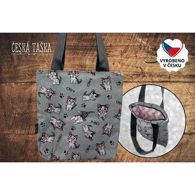 Česká Taška Taškokabelka HAPPY CATS L česká ručně šitá taška se zigzag podšívkou a zipem 38×38 cm