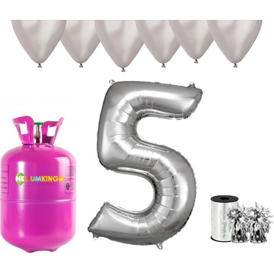 HeliumKing Helium párty set na 5. narozeniny se stříbrnými balónky