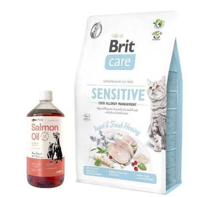 Brit Care Cat Grain-Free Sensitive Insect Food Allergy Management 7 kg & LAB V Lososový olej pre psov a mačky 1000ml