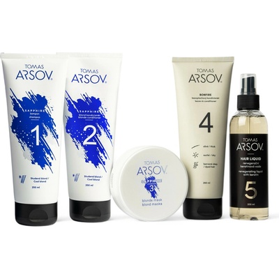 Tomas Arsov Podpora chladných tónov Sapphire šampón 250 ml + kondicionér 250 ml + maska 100 ml + Bonifire bezoplach. kondic. 250 ml + Hair Liquid keratin. voda 200 ml