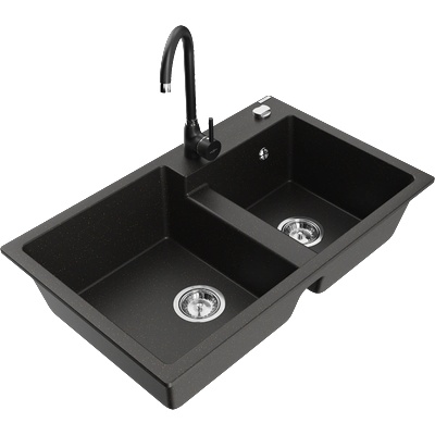 Mexen Tomas гранитна мивка с 2 отделения и кухненски смесител Telma, черно/златен металик - 6516-75-670200-70 (6516-75-670200-70)