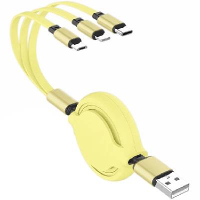 3в1 навиващ кабел за пренос на данни и зареждане USB-A / USB-C / Lightning / micro USB за iPhone / iPad / iPod / AirPods - 1 m - жълт (41631)