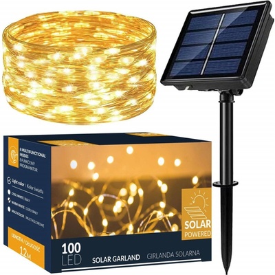 SPRINGOS LED solární řetěz Nano - 12m, 100LED, 8 funkcí, IP44, teplá bílá CL4141-XG