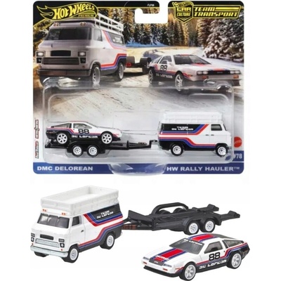 Mattel Hot Wheels Premium sada vozidel Team Delorean Rally Hauler #78 DMC Delorean