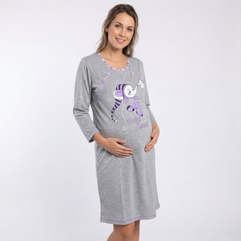Сива нощница за кърмене с дълъг ръкав слонче и лилав кант