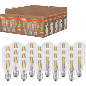 OSRAM highly efficient LED lamps with energy efficiency class A, value pack with 30 bulbs, replaces conventional 60W light bulbs, pear shape, warm white (2700K), E27, filament glass - 4099854338618