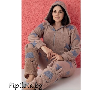 Пижама-гащеризон макси в кафяво със звезди и кравичка