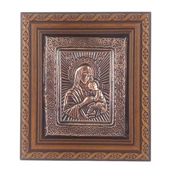МЕДНА ИКОНА СВЕТА БОГОРОДИЦА С ДЪРВОРЕЗБОВАНА РАМКА