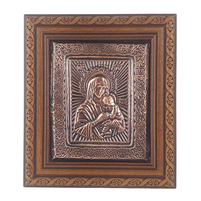 МЕДНА ИКОНА СВЕТА БОГОРОДИЦА С ДЪРВОРЕЗБОВАНА РАМКА